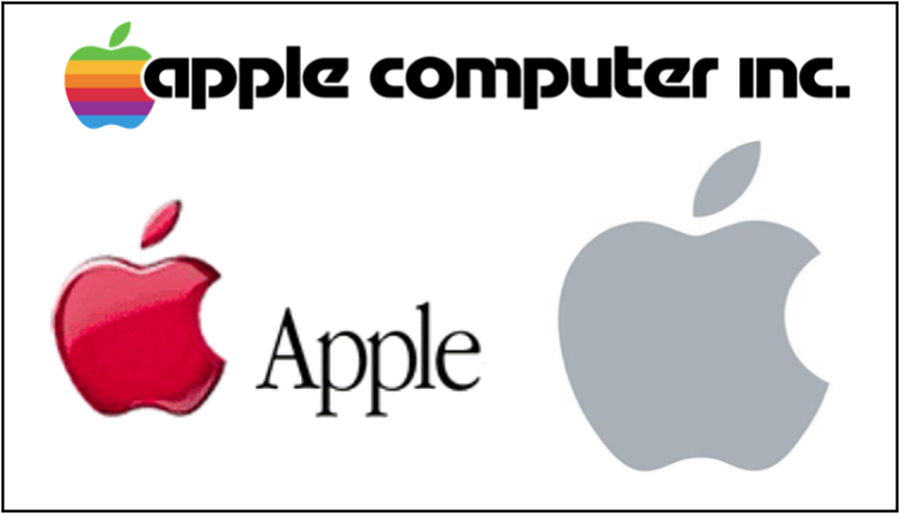 Apple logo evolution – rainbow striped Apple Computer Inc. logo, to red glossy apple, to today's clean silver mark