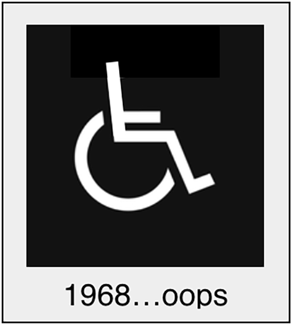 The original 1968 ISA submission – the wheelchair symbol without a head. Caption: 1968...oops