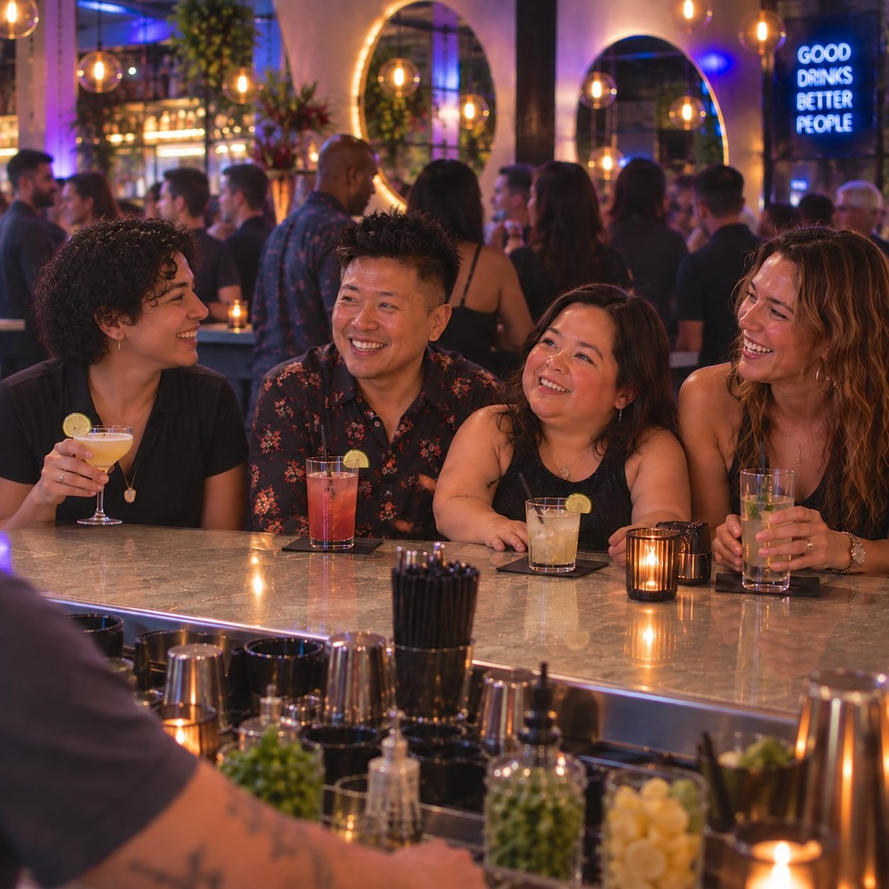 Four friends laugh together along a busy cocktail bar with drinks in front of them; a woman with dwarfism sits third from left, smiling up at the man beside her.