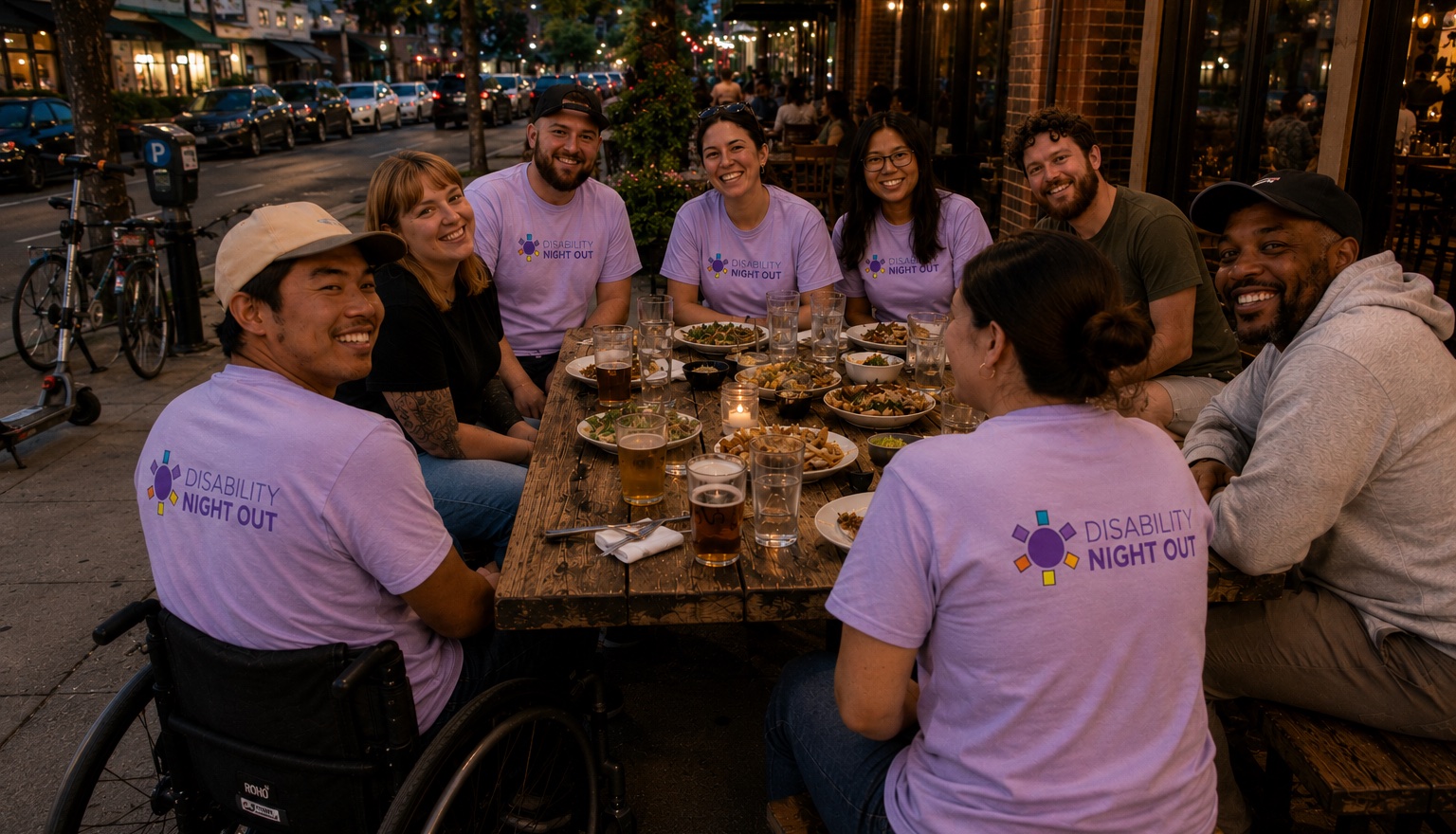 A group of friends at an outdoor restaurant table wearing matching lavender Disability Night Out shirts, including a friend using a wheelchair, laughing together in the evening light