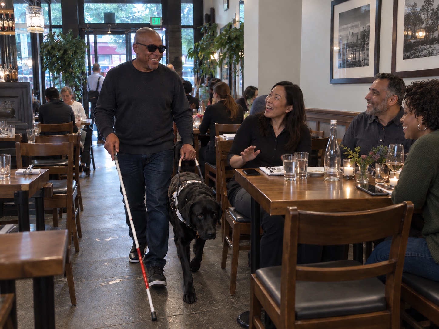A blind man using a white cane and guide dog walks through a lively restaurant, greeted warmly by a table of laughing friends