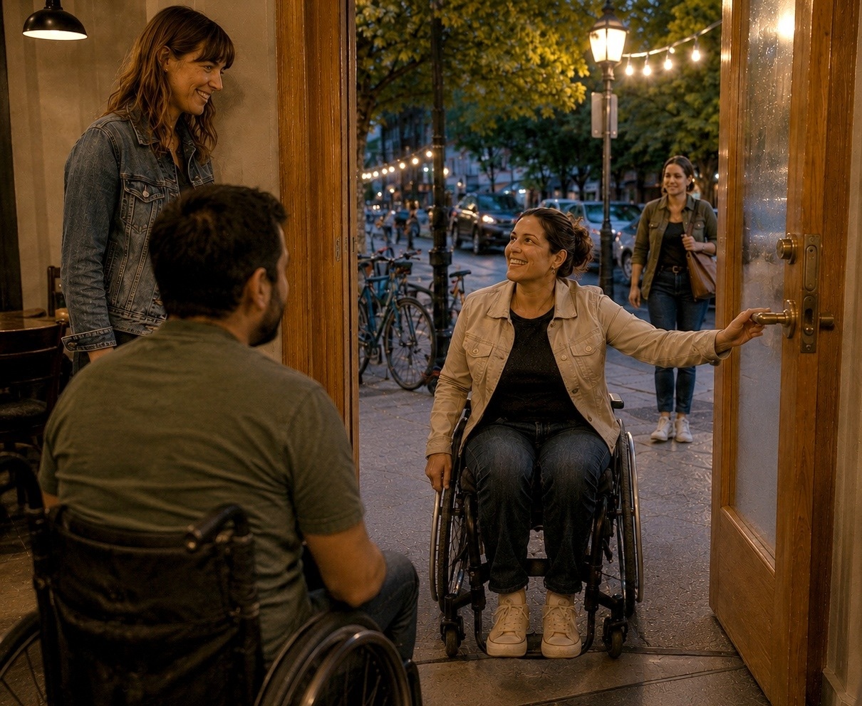 A woman using a wheelchair reaches for the door handle of a restaurant with a level, welcoming entrance at dusk, greeted by someone inside as a friend using a wheelchair waits at the table beyond