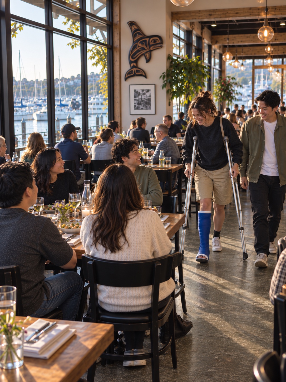 A young woman with a leg cast, walking on crutches with a friend beside her, smiles at a table of friends already seated at a lively waterfront restaurant