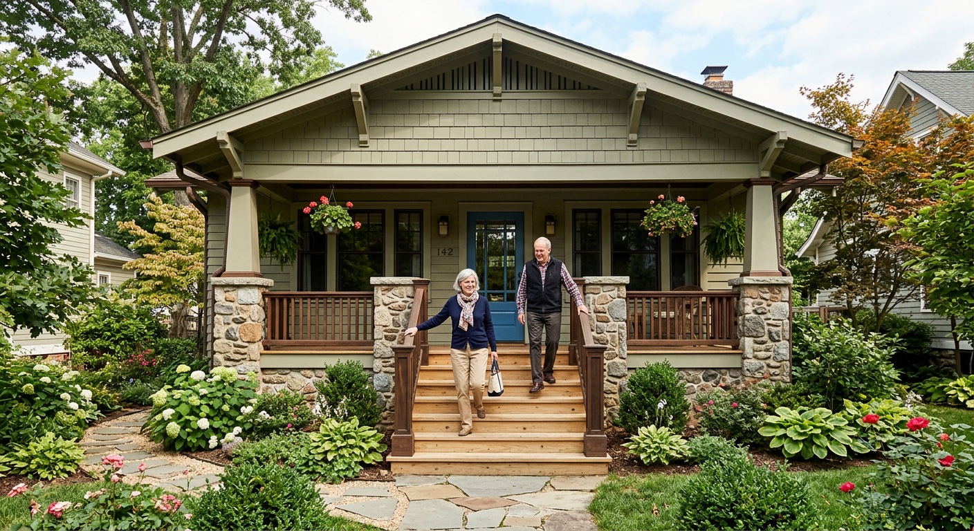 A couple walking down the front steps of a craftsman home with a well-maintained handrail