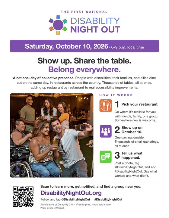 Preview of the color flyer: the Disability Night Out logo, the date, a photo of friends at a bar including two women using wheelchairs, three steps, and a QR code.