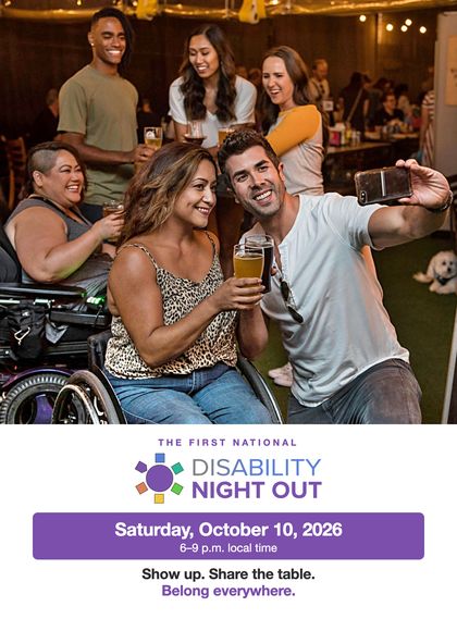 Preview of the postcard front: a photo of friends at a bar, the logo, the date, and the tagline.